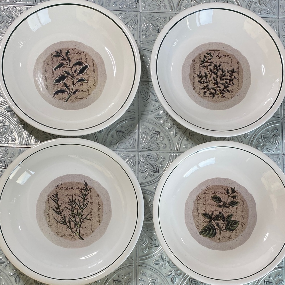 Himark Savory Tyme Herb Design Pasta Bowls White Ceramic Set of 4
